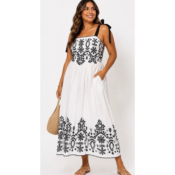 Anthropologie Dresses & Skirts - Anthropologie White Midi Dress with Black Embroidery